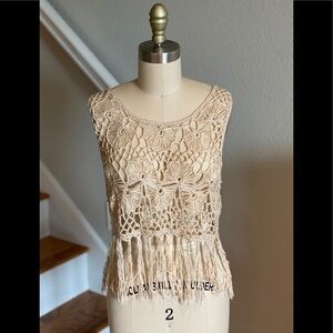 Maxine Mode Macrame Fringe Tank Top Tan​​​​​​​​​​​